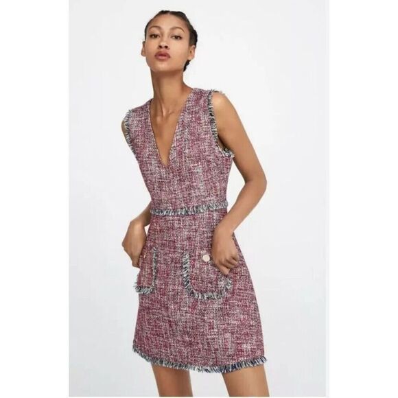 Zara Dress Size X-Small Red Blue Tweed Fringe Pocket Sleeveless Frayed Trim - Picture 1 of 13